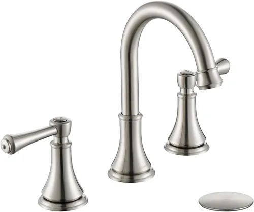 TimeArrow Grifo de Lavabo de Baño de 2 Manijas de 8 Pulgadas Extendido Níquel Cepillado con Desagüe Pop-Up, Grifo Moderno de Arco Alto para Níquel
