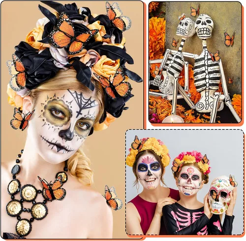 Miniatura 4 de 48 piezas de 4 tamaños de decoraciones de mariposa monarca falsas, calcomanías 3D magnéticas falsas para otoño, Halloween, día de los muertos