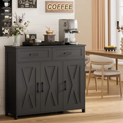 Homhedy Aparador de buffet, gabinete de almacenamiento de barra de café con cajones y puertas, armario de cocina de granja con estantes ajustables,