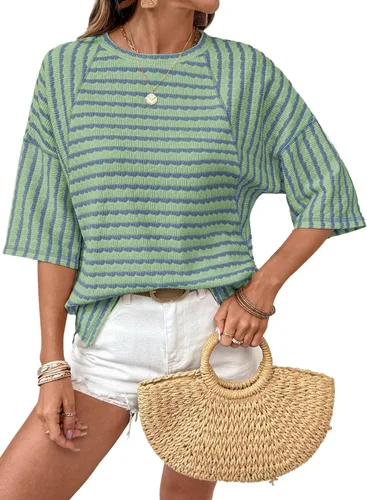 Miniatura 11 de Dokotoo Camisetas de verano para mujer, camisetas de gran tamaño para mujer, a rayas, bloques de color, manga corta, cuello redondo, blusas casuales