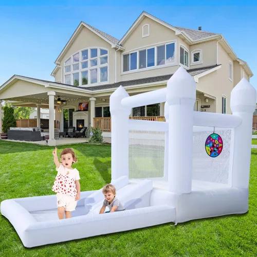 Casa inflable blanca de rebote para niños, casa inflable blanca con soplador UL, piscina de bolas grande y espaciosa sala de diversión para niños de