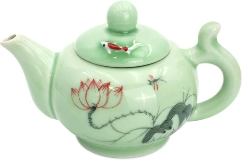 Miniatura 7 de DELIFUR Celadon Juego de té de porcelana hecho a mano con tema de loto, tetera de porcelana cubierta taza de té Gongdao taza de China