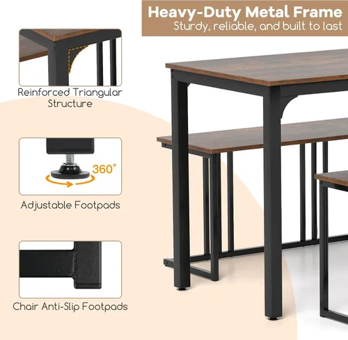 Miniatura 5 de GOFLAME Juego de mesa de comedor de 4 piezas para 4, mesa de comedor rectangular de madera con banco y 2 taburetes, juego de mesa de cocina