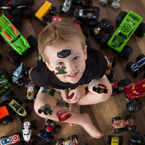 Miniatura 5 de CHARLENT 148 tatuajes temporales de autos de carreras y camión monstruo para niños, tatuajes individuales de automóvil GoKart para niños, regalos