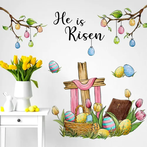Yovkky Calcomanías de pared de Pascua, con frase "He is resucitado", cruz cristiana, decoración de dormitorio, huevos de Cristo religioso, tulipán