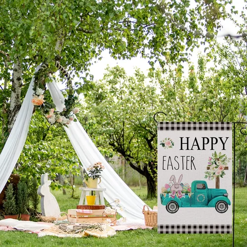 Miniatura 5 de Bandera de jardín con texto en inglés «Happy Easter» – Bandera de jardín de mariposa floral de 12 x 18 pulgadas para decoración al aire libre