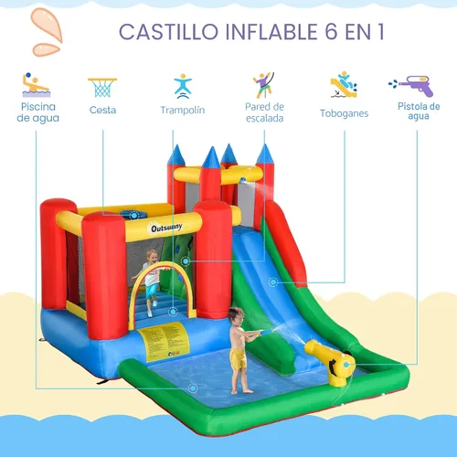 Miniatura 3 de Outsunny Tobogán acuático inflable 6 en 1 para niños con piscina, cañón de agua, pared de escalada, inflador incluido, castillo de salto para niños