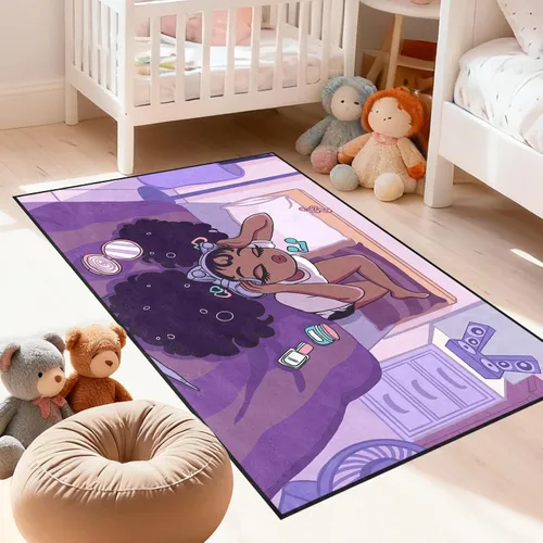 Miniatura 29 de Alfombra de área para dormitorio de niñas negras africanas, alfombra para sala de estar, sala de juegos, azul, lindo anime de dibujos animados