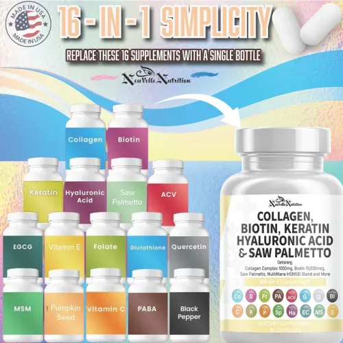 Miniatura 3 de Suplemento de colágeno 16 en 1, péptidos tipo I, II, III y V con biotina, queratina, ácido hialurónico, palma enana americana, vitaminas C y E