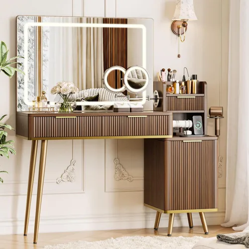 Miniatura 9 de iPormis Escritorio de tocador de maquillaje con espejo de aumento HD y 5X y luces, tocador de maquillaje de 47 pulgadas, tocador superior de vidrio