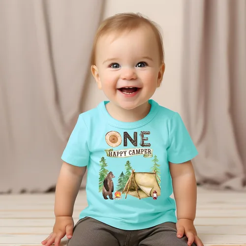 Miniatura 2 de Camisetas temáticas y raglanes One Happy Camper para el primer cumpleaños para acampar al aire libre para niñas y niños