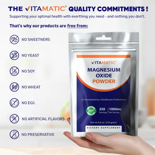 Miniatura 6 de Vitamatic Polvo de óxido de magnesio – 1000 mg por porción – 250 porciones – Suplemento de magnesio de alta absorción – 600 mg de magnesio elemental