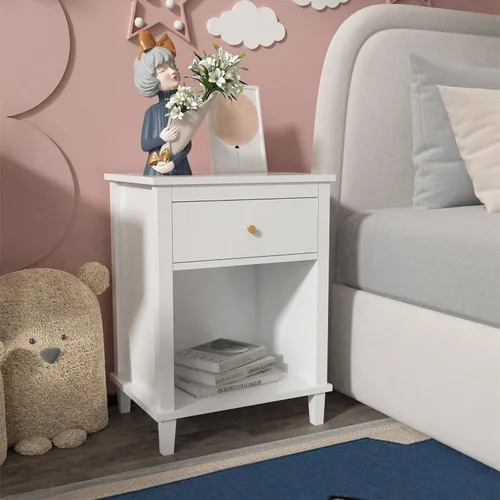Miniatura 3 de Mesita de noche de madera para dormitorio con 1 cajón y 1 compartimento abierto (blanco)