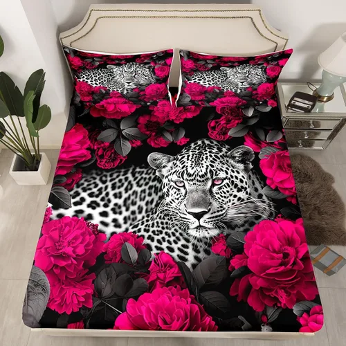 Miniatura 41 de Erosebridal Juego de sábanas bajeras de rosas rojas y leopardo, tamaño individual, diseño de animales africanos salvajes, diseño de plantas