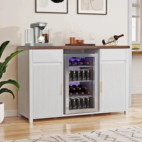 Miniatura 10 de GDLF Armario grande para barra de café con espacio para refrigerador, mini gabinete para refrigerador con almacenamiento de vino, mesa de aparador