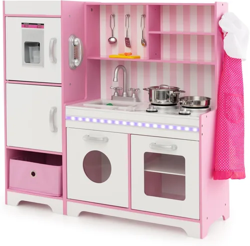 KOTEK Juego de cocina con luces y sonidos, juego de cocina de madera para niños pequeños con máquina de hielo, lavadora, 16 accesorios y estufa, Rosa