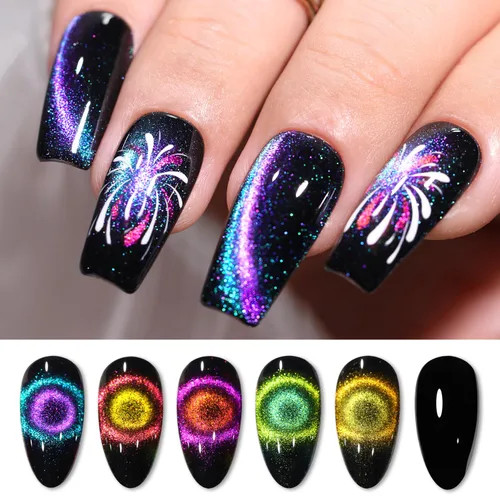 Miniatura 20 de Double Rhythm Juego de esmaltes de gel de ojo de gato, 6 colores, purpurina brillante con imán, holográfico, reflectante, magnético, UV, kit de arte