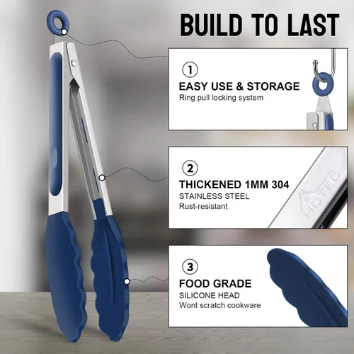 Miniatura 2 de HOTEC Pinzas de Cocina Premium de 7 y 9 Pulgadas, Pinzas de Cocina de Acero Inoxidable con Bloqueo y Puntas de Silicona, Antiarañazos y Resistentes