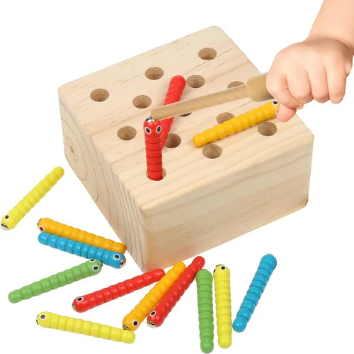 Boxiki kids Juguetes Montessori de madera para bebés, niños pequeños y niños, habilidades motoras finas, juego de gusano magnético para 3 años