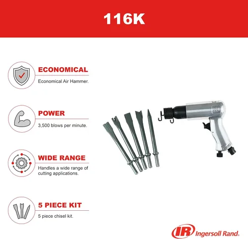 Miniatura 3 de Ingersoll Rand 116 Martillo neumático de servicio estándar, 116K - Herramienta más juego de cinceles de 5 piezas