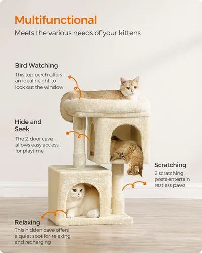 Miniatura 4 de Feandrea Árbol para gatos, torre para gatos de 26.4 pulgadas, condominio de felpa para gatitos de hasta 7 libras, percha grande, 2 cuevas, poste