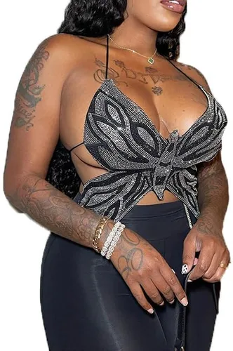 Miniatura 4 de Formery Sujetador sexy con diamantes de imitación Y2K para mujer, camiseta sin mangas negra con mariposa, discoteca, fiesta, festival, tops cortos