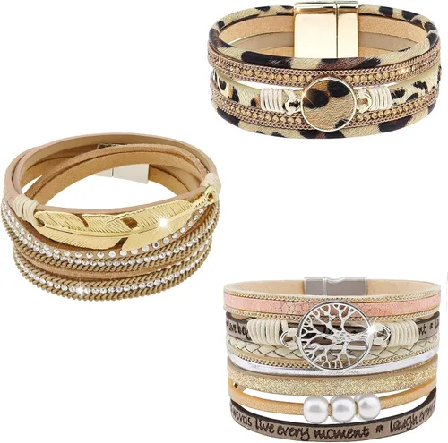 Miniatura 10 de Wowanoo - Juego de 3 pulseras de cuero de varias capas con cierre magnético para mujer, con cristales, ramas de árbol pulseras para mujer.