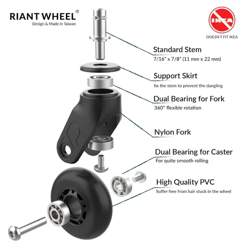 Miniatura 3 de Riantwheel - Ruedas de goma de repuesto para sillas de oficina, para suelos de madera dura y alfombras, juego de 5, ruedas para silla de oficina