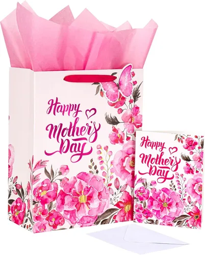 LeZakaa Bolsa de regalo para el día de la madre, letras del día de la madre, diseño floral rosa, mariposa y papel de aluminio rosa, bolsa de regalo