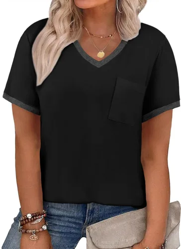 Miniatura 54 de Eytino Blusas de talla grande para mujer, cuello en V, manga corta, a rayas, casual, holgada, con bolsillo (1X-5X)