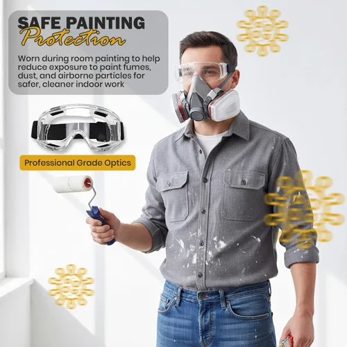 Miniatura 5 de Máscara respiradora para pintura en aerosol, carpintería, soldadura, polvo y seguridad general con gafas transparentes, 10 filtros de repuesto