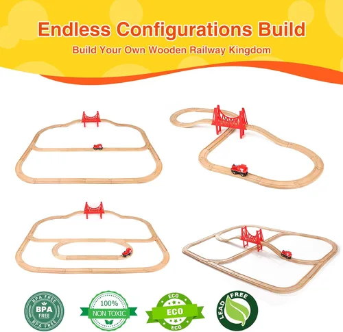 Miniatura 6 de Juego de 60 pistas de tren de madera, accesorios de expansión para niños pequeños de 3 a 5 años, 100% compatible con todas las principales marcas