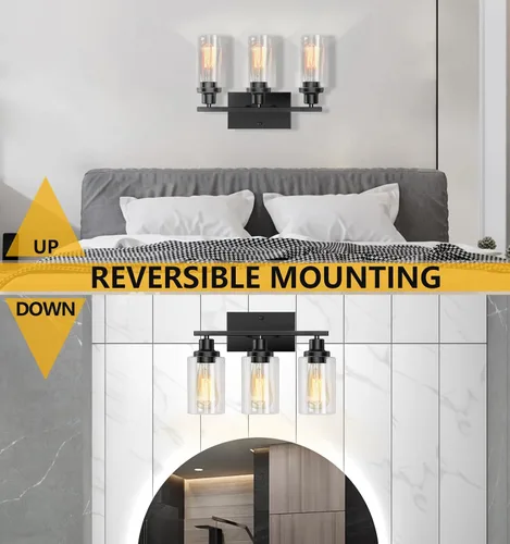 Miniatura 4 de Lámparas de baño, 3 luces, lámpara de tocador negra con pantalla de vidrio transparente, lámpara de pared moderna con marco de metal, lámparas