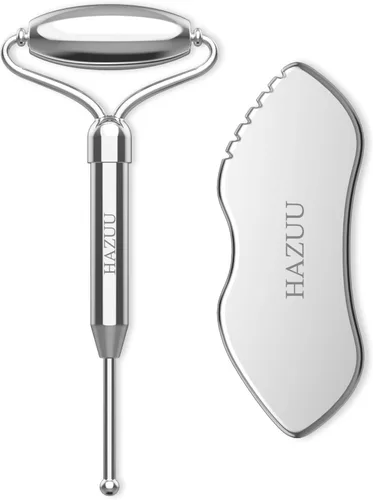 Rodillos faciales Gua Sha de acero inoxidable y pluma de acupuntura - Rodillo de metal para ojos y cuello, herramientas de masaje facial Jgs-2