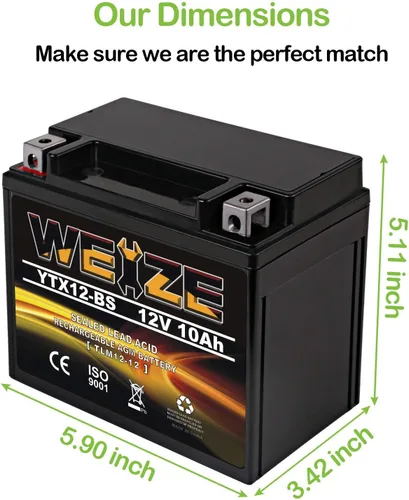 Miniatura 3 de Weize YTX12-BS - Batería de motocicleta de alto rendimiento, sin mantenimiento, sellada YTX12 BS AGM, baterías recargables ATV compatibles con Honda