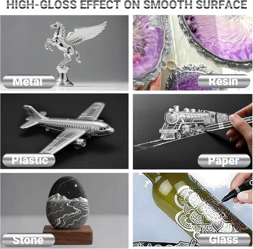Miniatura 4 de 5 marcadores de pintura cromada de espejo líquido, plateado, dorado y cobre, marcadores metálicos permanentes de espejo, brillo reflectante