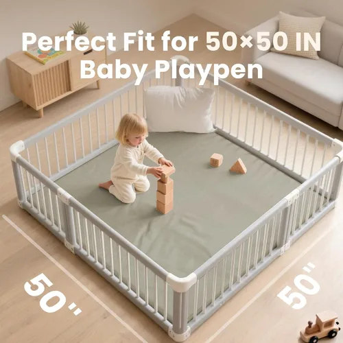 Miniatura 4 de Huloo Sleep Tapete de juego para bebé de 50 x 50 pulgadas, acolchado impermeable de 1.3 pulgadas de grosor, tapete para corral de juegos con cuero