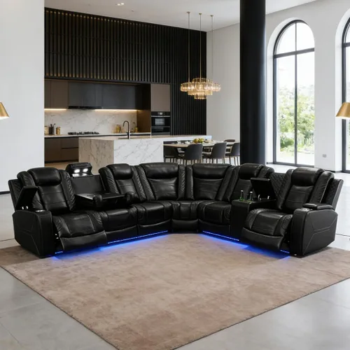 Miniatura 21 de Juego de sofá modular reclinable eléctrico con LED, juegos de muebles de sala de estar, sofá reclinable de cuero para sala de estar/cine en casa