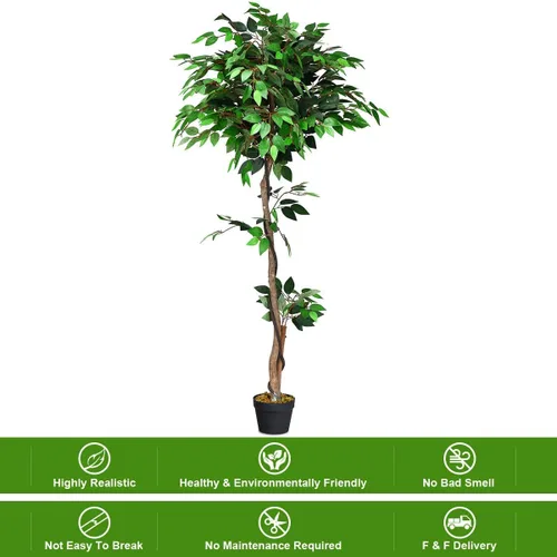 Miniatura 6 de Goplus Árbol artificial de hoja de seda de ficus de 5.5 pies, árbol falso en maceta con hojas verdes y tronco natural, sin mantenimiento, planta