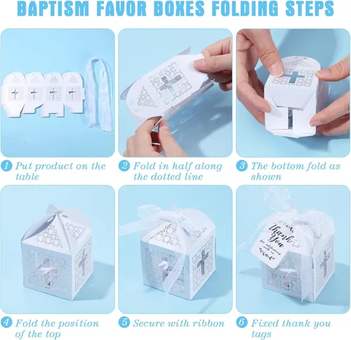 Miniatura 4 de Yinkin El juego de 100 rosarios de bautismo incluye 25 cuentas de rosario de bautismo con ángel, cajas de recuerdo, bolsas de organza blanca