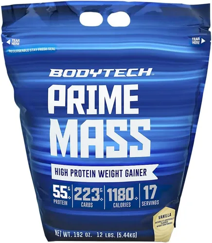 BodyTech Prime Mass - Ganador de masa alto en calorías - Apoya el crecimiento muscular y el aumento de peso - Vainilla (12 libras, 17 porciones)