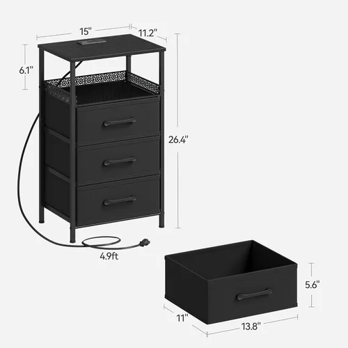 Miniatura 3 de JARHETUN Juego de 2 mesitas de noche, mesitas de noche con estación de carga, mesa de cabecera de 26.4 pulgadas de alto con estante de metal, mesa