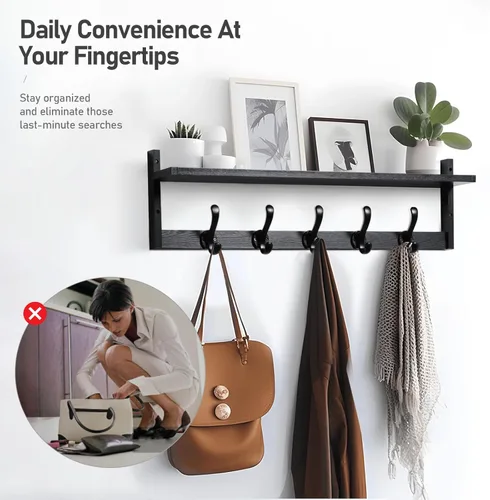 Miniatura 3 de Tatub Perchero de pared de 29 pulgadas con estante, ganchos de pared de madera con almacenamiento, estante de entrada con 5 perchas para baño, sala