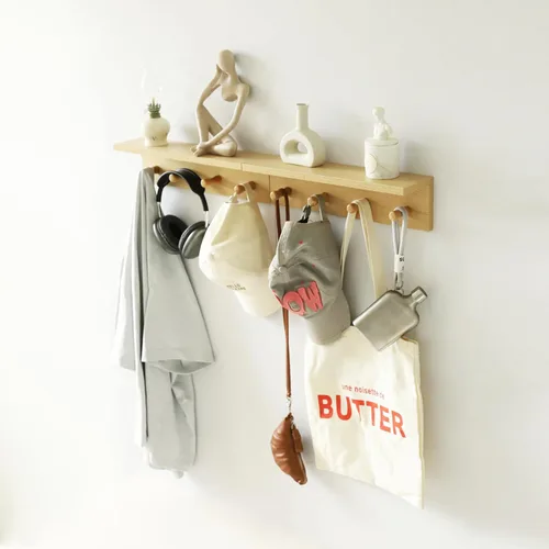 Miniatura 7 de Perchero de pared con estante, estante flotante de madera resistente con ganchos para ahorrar espacio interior, organizador de pared adecuado