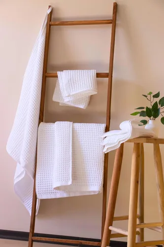 Miniatura 36 de PÜSKÜL - Paquete de 2 toallas de baño y spa de punto gofre, 100% algodón orgánico turco de alta calidad, fina de secado rápido, fabricadas en Beige