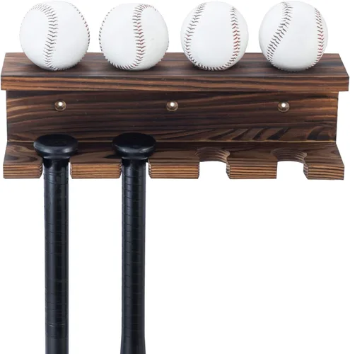 Miniatura 5 de MyGift Soporte de madera para bate de béisbol y estante de exhibición de bolas, estantes flotantes de recuerdos deportivos montados en la pared