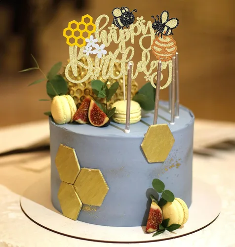 Miniatura 7 de Gyufise 1 Pieza Decoración para Pastel Abeja Feliz Cumpleaños Flor Panal Brillantina Feliz Día de Abeja Decoraciones de Pastel para Tema de Miel