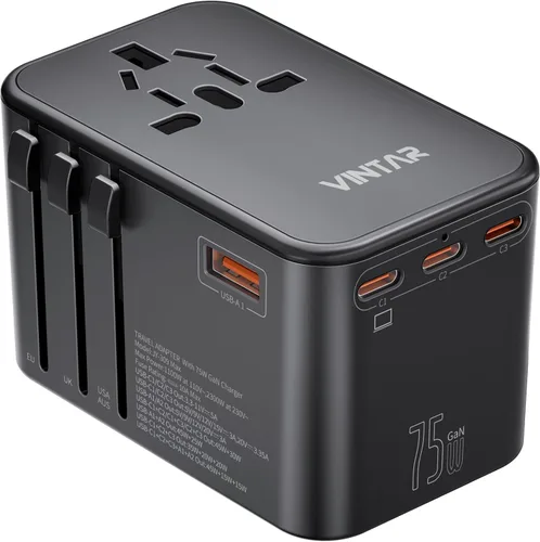 Miniatura 14 de VINTAR - Adaptador de viaje universal, adaptador de corriente internacional con 6A, 3 USB C y 2 puertos USB, adaptador de enchufe esencial de viaje