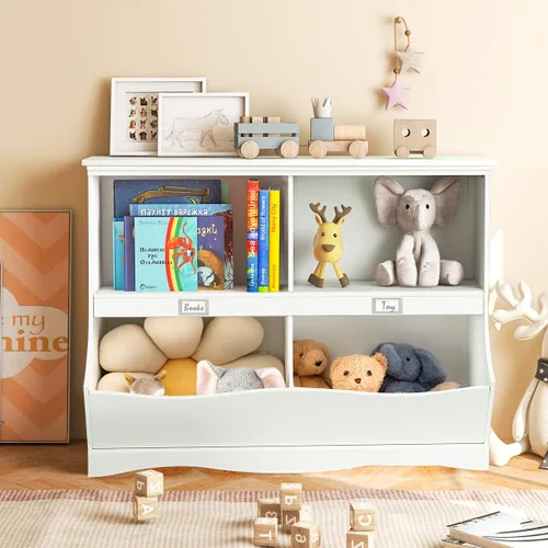 Miniatura 12 de Costzon Organizador de almacenamiento de juguetes, estantería para niños de 4 compartimentos con estribo y tarjeta de nombre, estantería de madera