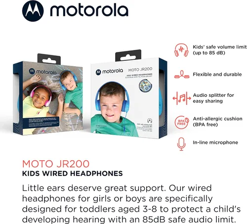 Miniatura 2 de Motorola Sound Moto JR200 - Auriculares para niños con micrófono, audífonos sobre la oreja para niños con límite de volumen seguro de 85 dB, divisor